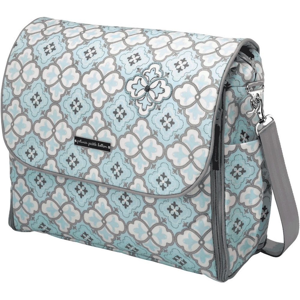 Petunia Pickle Bottom Teal Blue Cream Diaper Bag Carryall Tote Crossbody